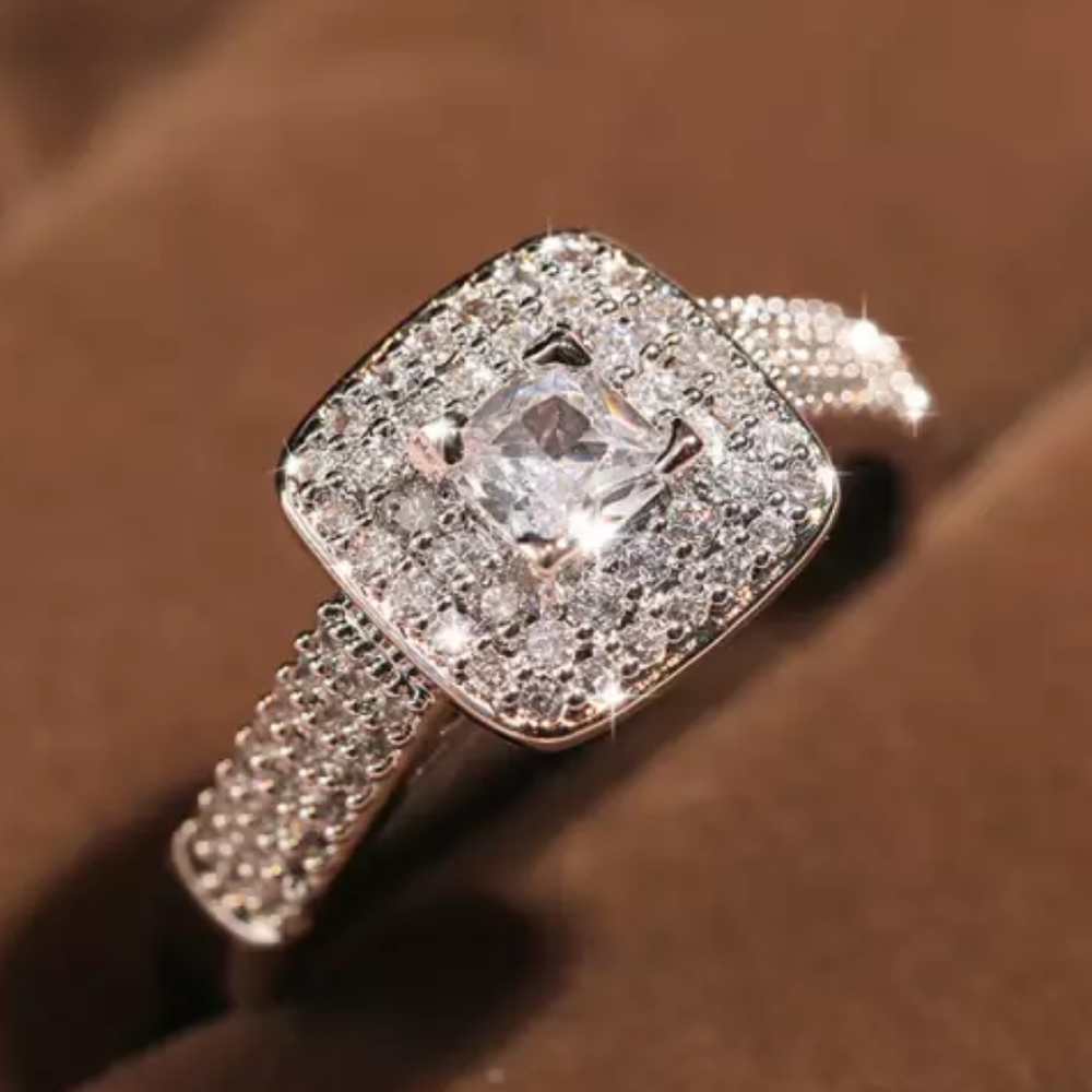 New 925 Silver square Diamond Halo Ring